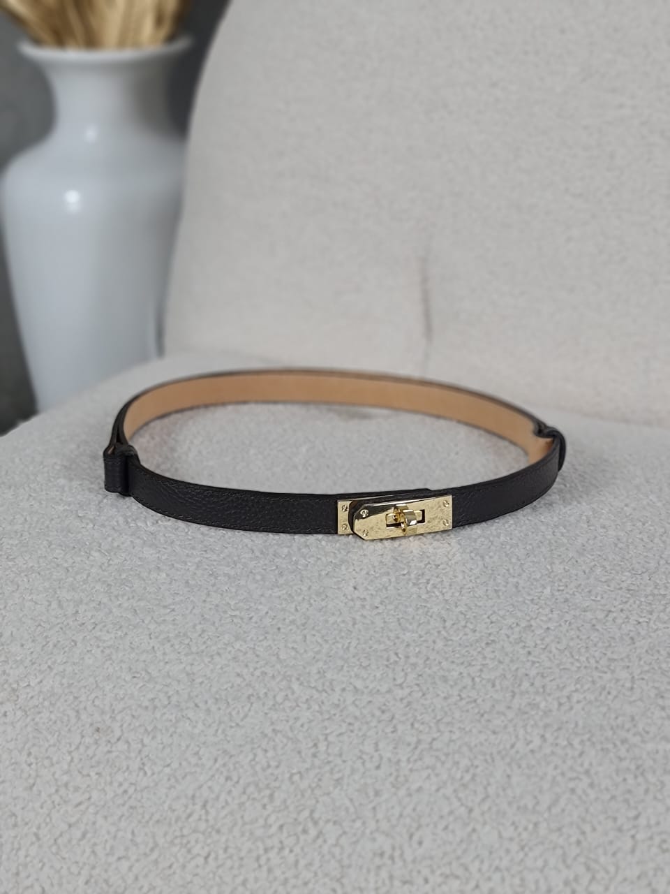 Ремень натуральная кожа прямоугольная золотая застежка шоколад, фотография №3