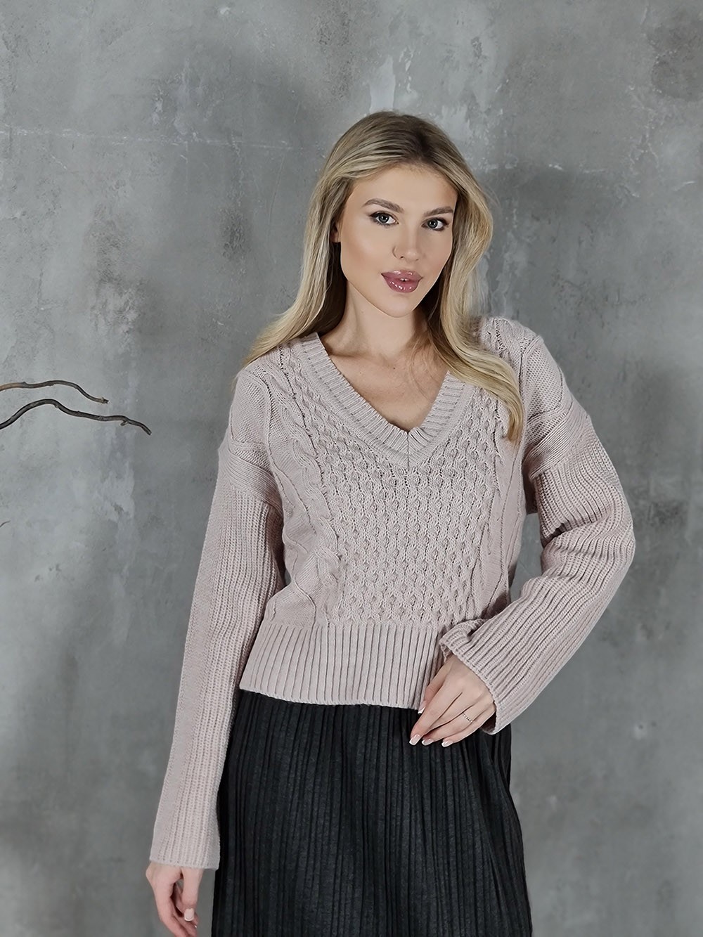Imperial джемпер вязаные узоры v вырез пудра, фотография №1