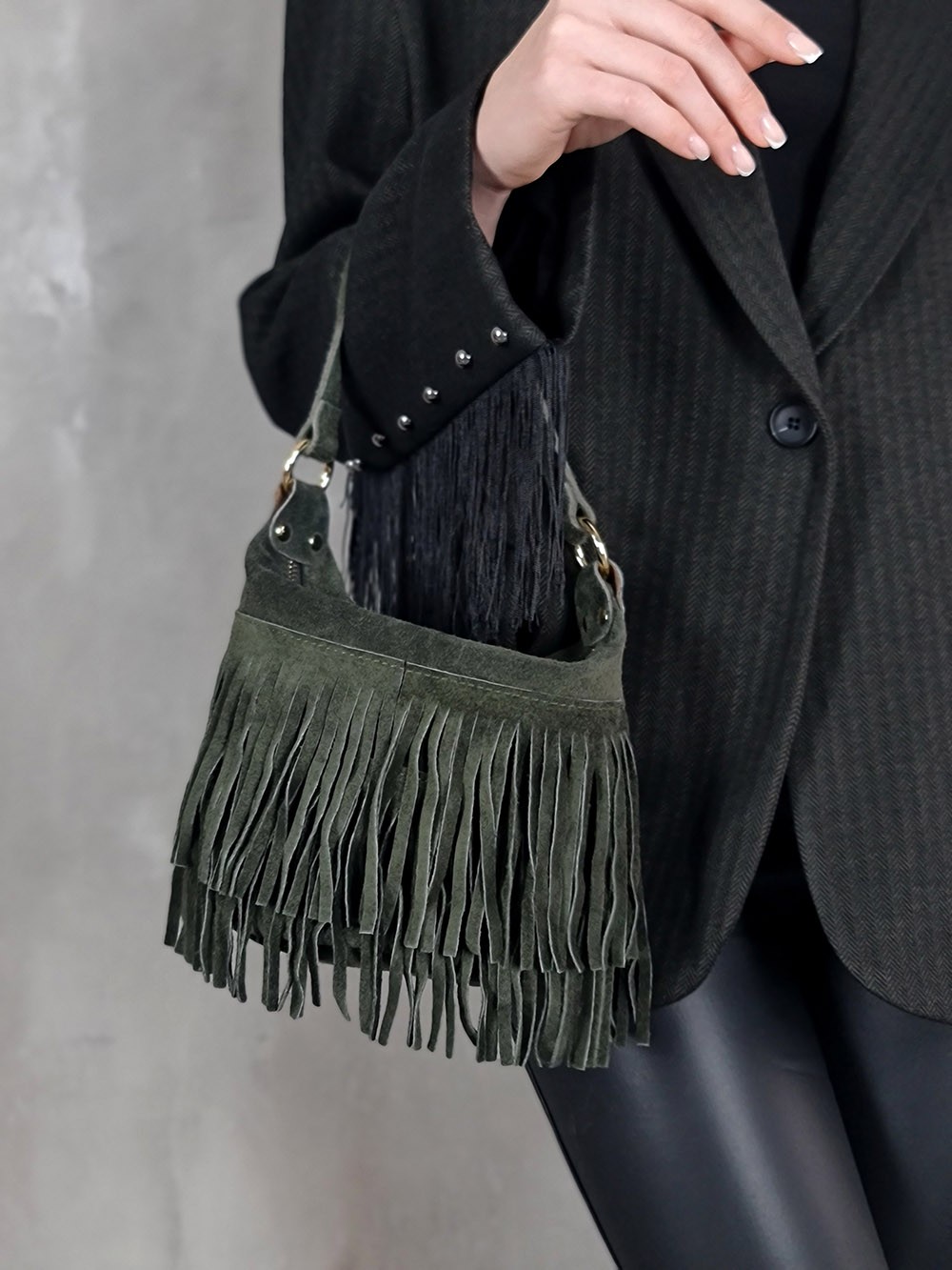 Сумка маленькая с бахромой хаки, фотография №3