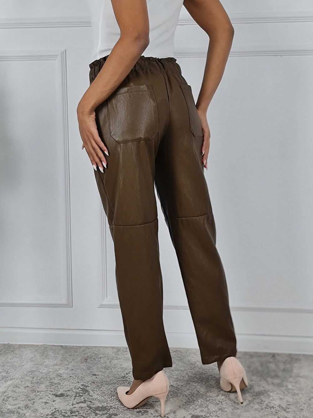 Брюки MIHO'S экокожа на завязках темный шоколад, фотография №3