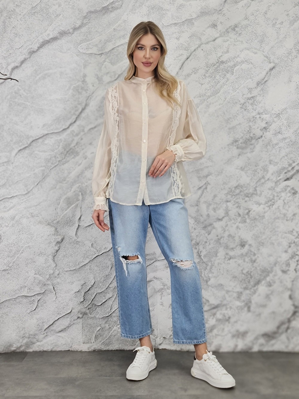 Блузка MIHO'S воротник стойка вертикальные  кружева кремовая, фотография №2