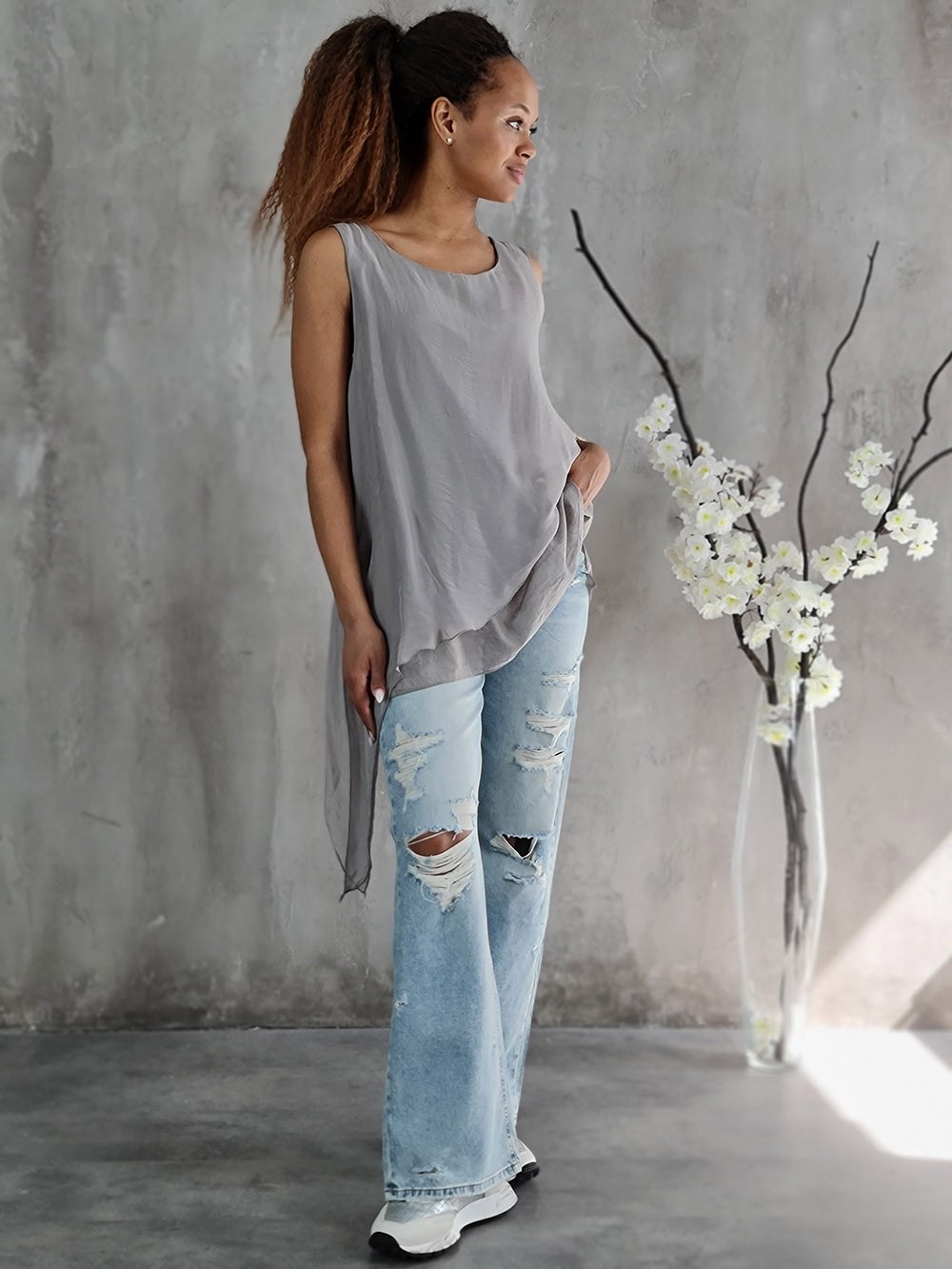 Топ Silk New с удлиненной вставкой тауп, фотография №2