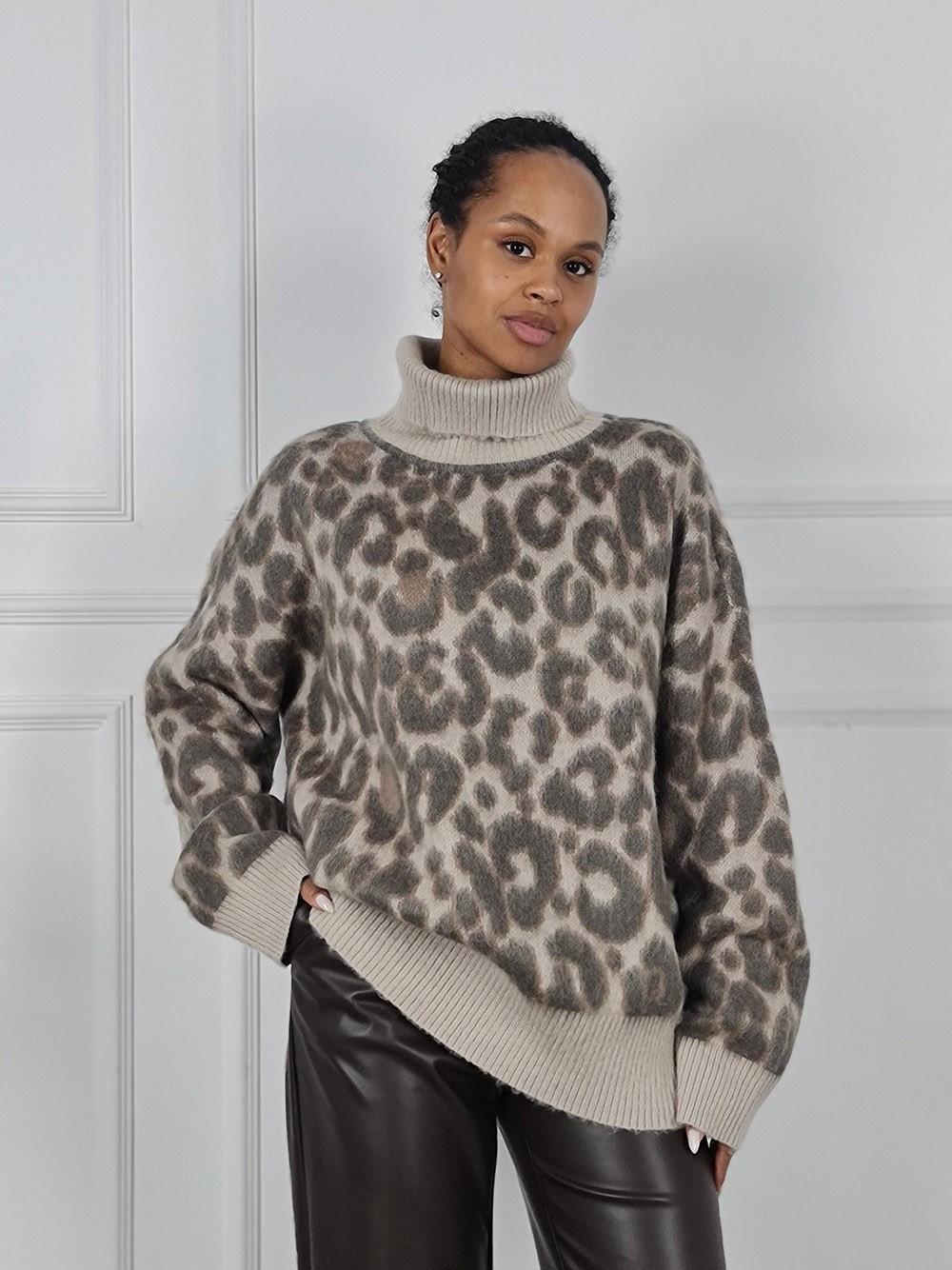 Джемпер Rosa Shock с воротом принт леопард бежевый, фотография №1