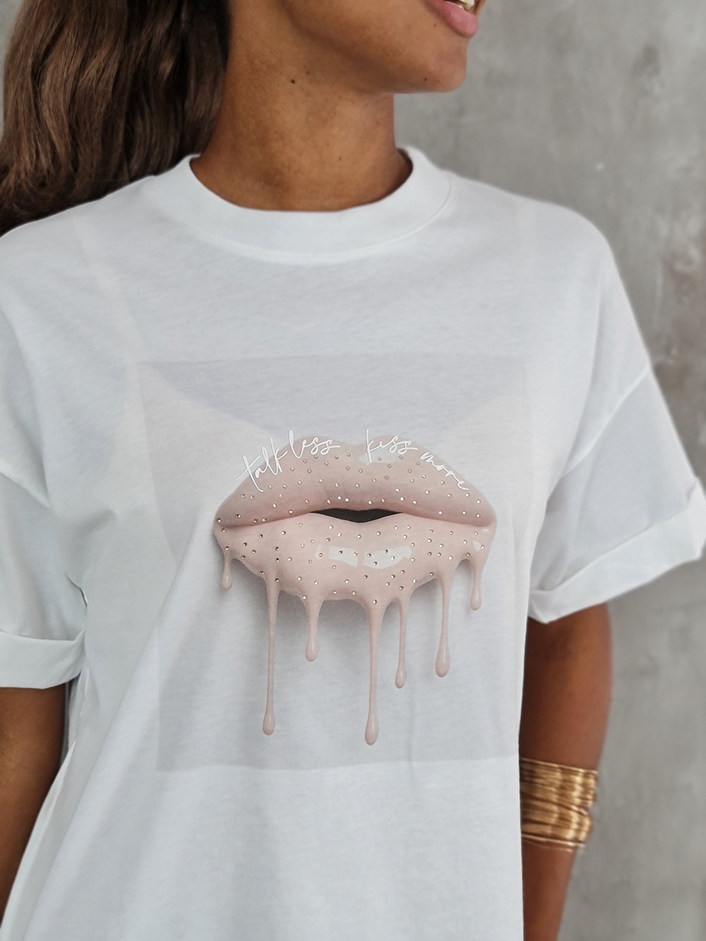 Футболка Imperial с бежевым принтом губы белая, фотография №2