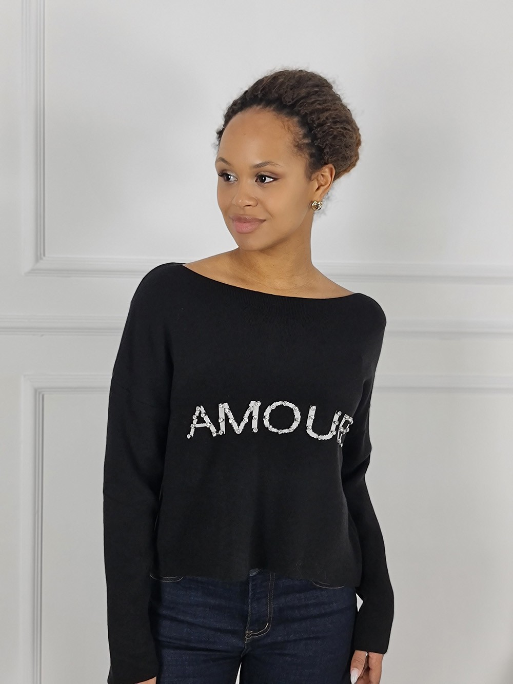 Джемпер Barbara Alvisi с надписью AMORE и стразиками черный, фотография №1