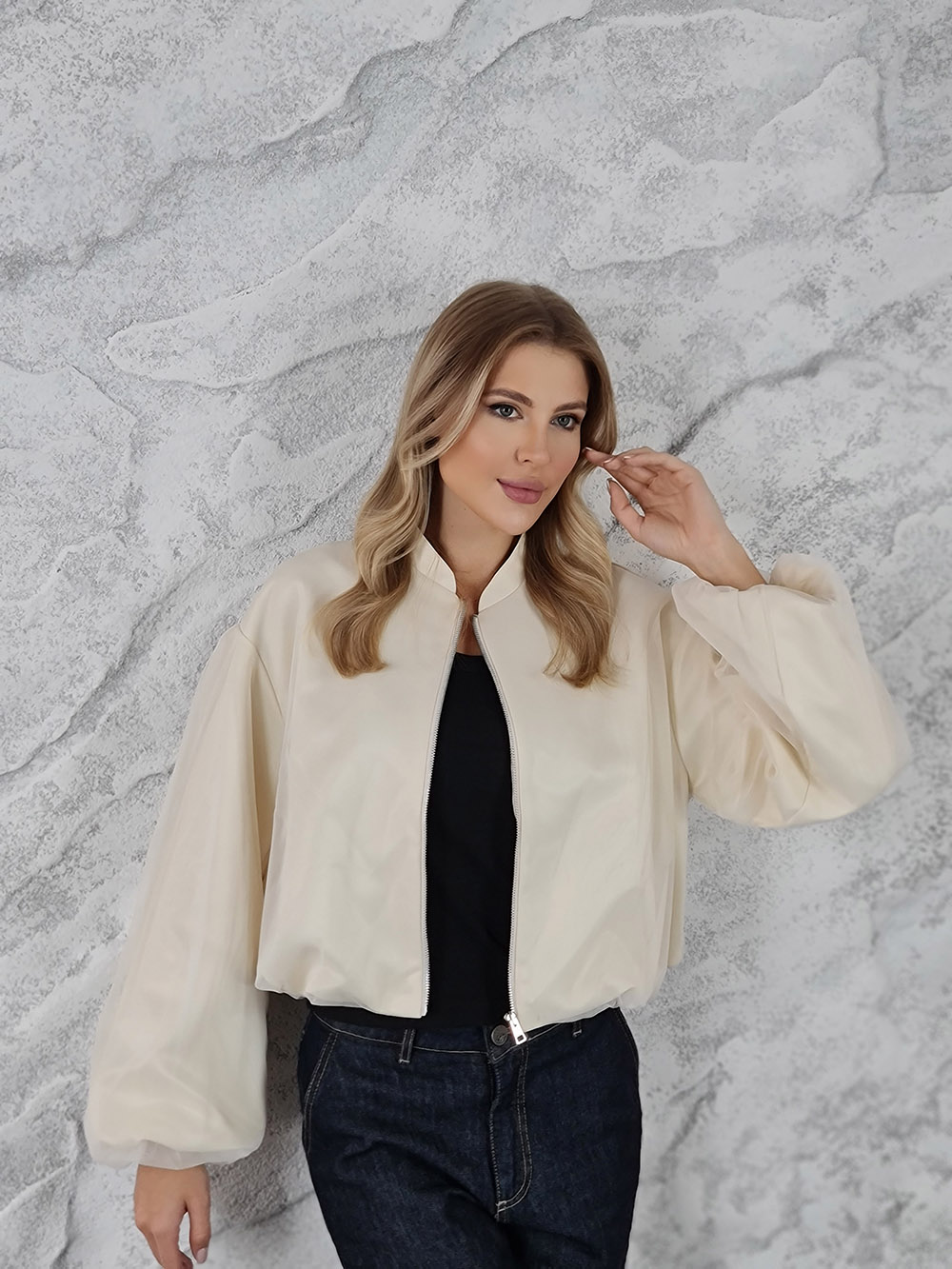 Бомбер Imperial рукава-воланы ткань с сеточкой молочный, фотография №1