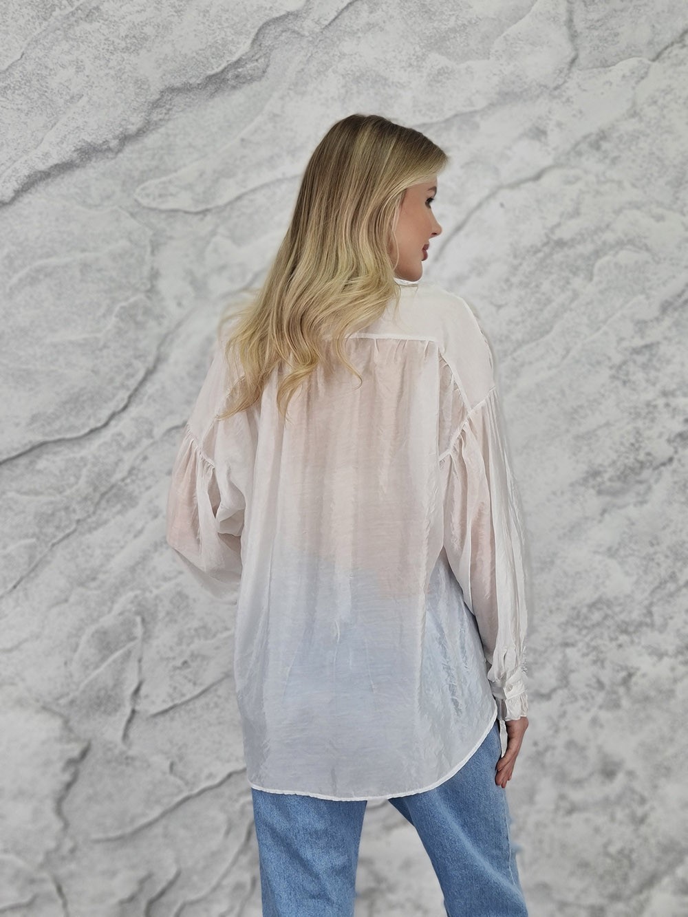 Блузка MIHO'S воротник стойка вертикальные  кружева белая, фотография №4