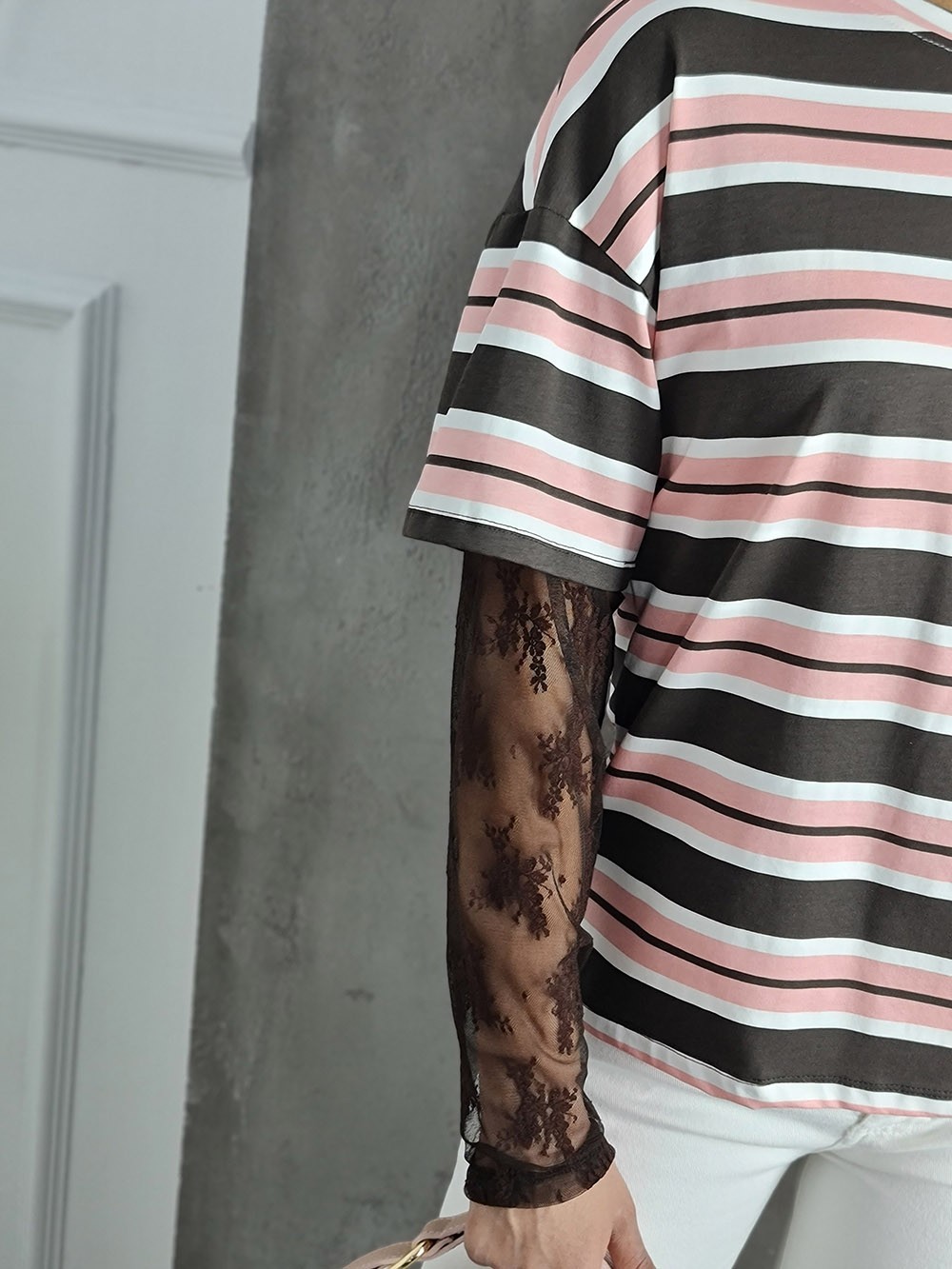 Лонгслив MIHO'S в коричневую полоску и с кружевнми рукавами баблгам, фотография №3