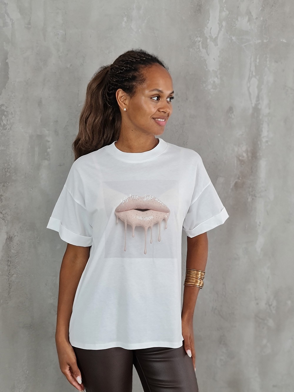 Футболка Imperial с бежевым принтом губы белая, фотография №1