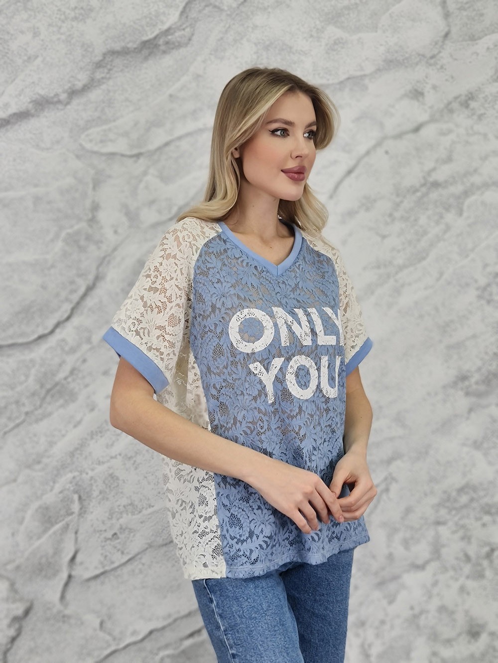 Футболка MIHO'S с надписью "Only you" голубая, фотография №2