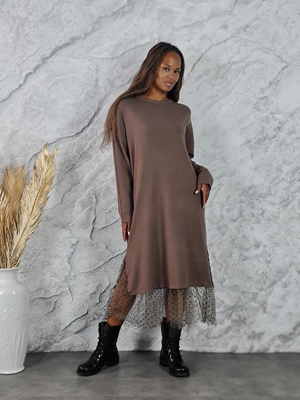 Платье BEAUTY WOMEN трикотажное с сеткой внизу шоколад, фотография №1