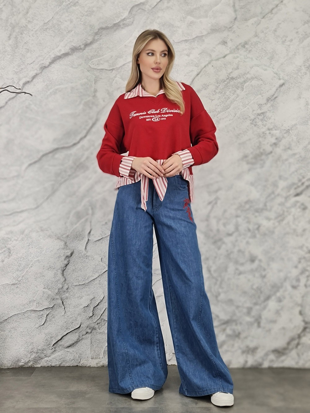 Джинсы MIHO'S с вышивкой и поясом синие, фотография №1