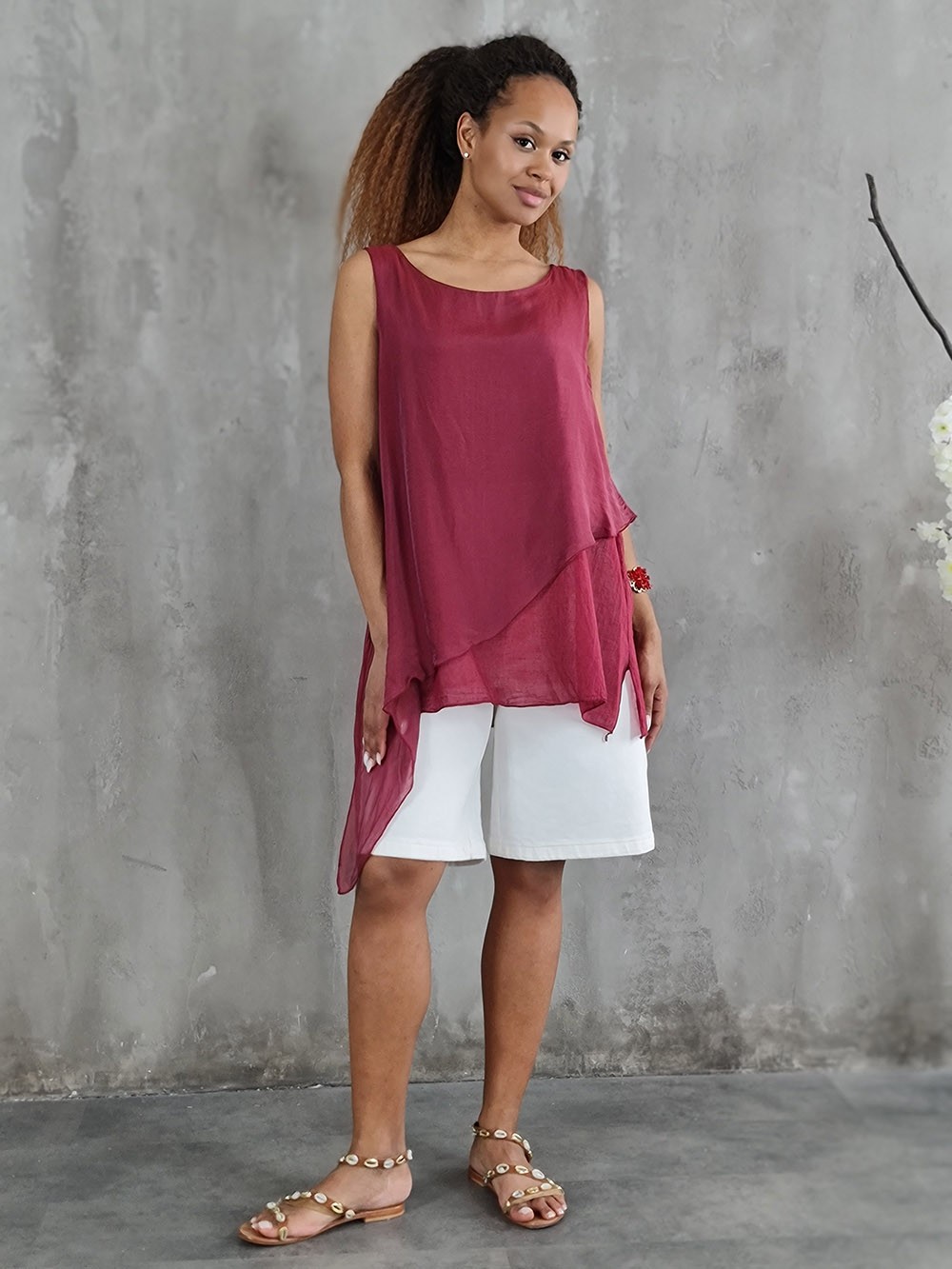 Топ Silk New с удлиненной вставкой винный, фотография №2