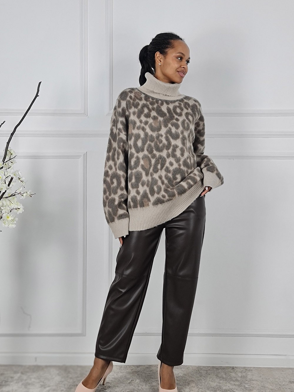 Джемпер Rosa Shock с воротом принт леопард бежевый, фотография №4