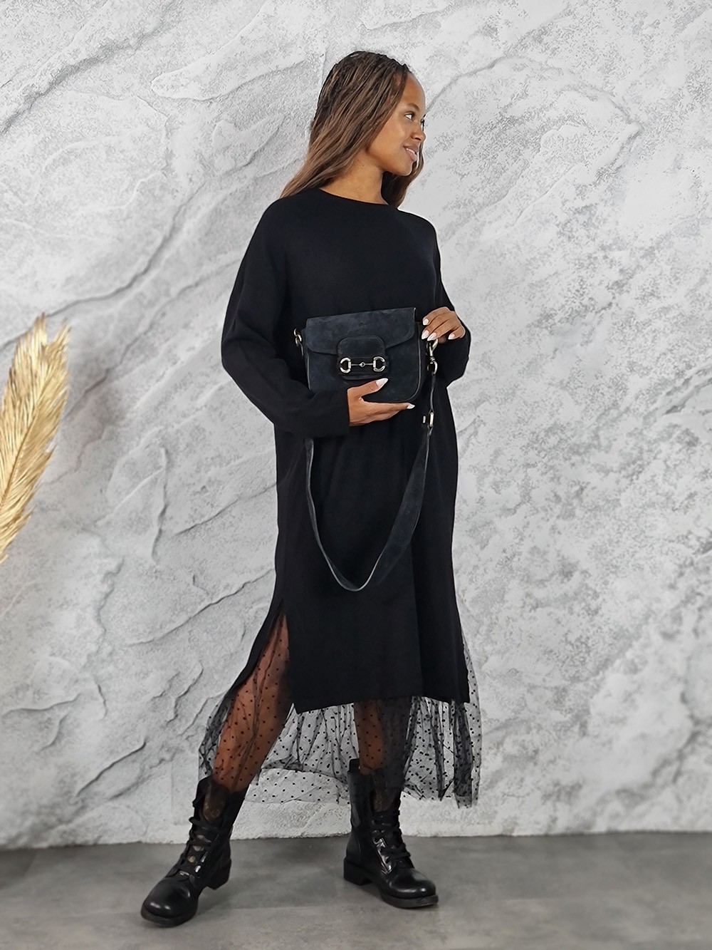 Платье BEAUTY WOMEN трикотажное с сеткой внизу черное, фотография №1