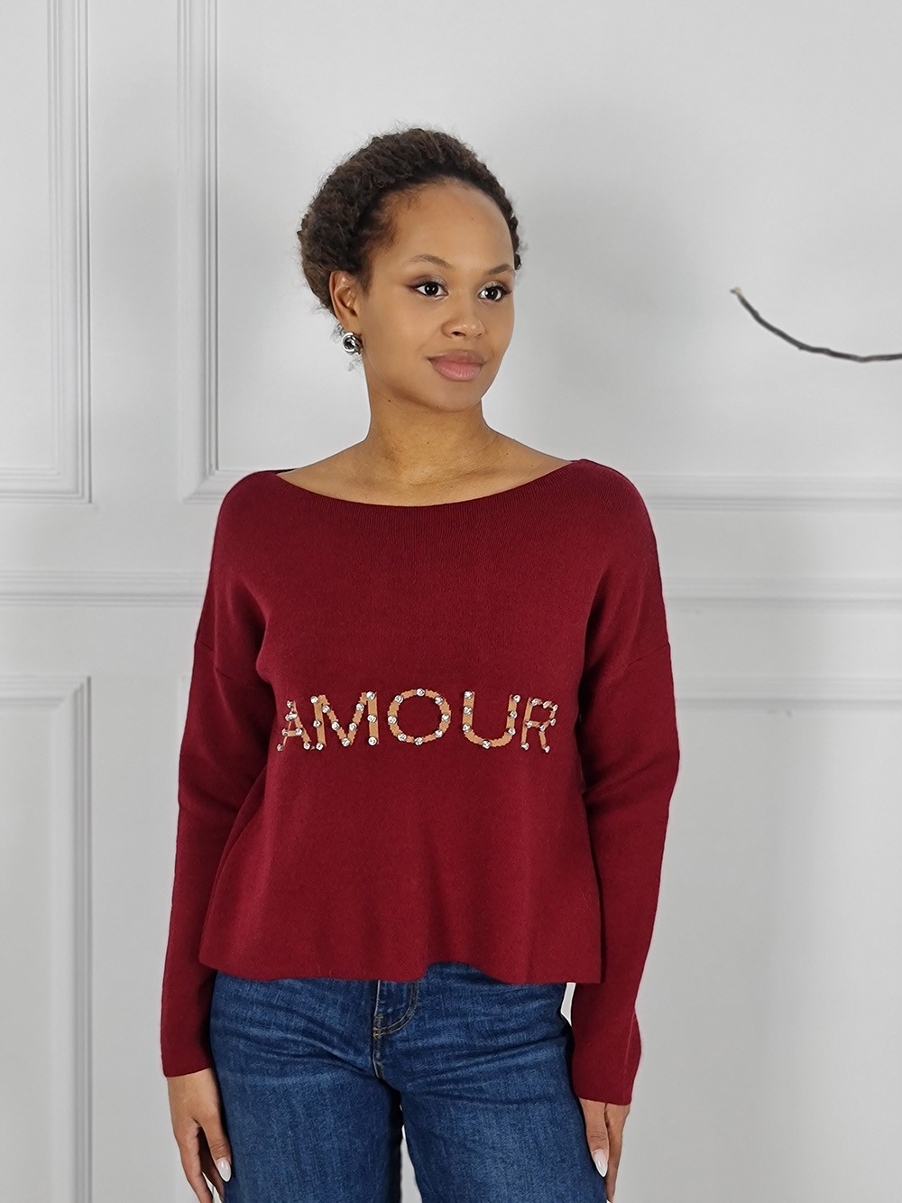Джемпер Barbara Alvisi с надписью AMORE и стразиками красный, фотография №1
