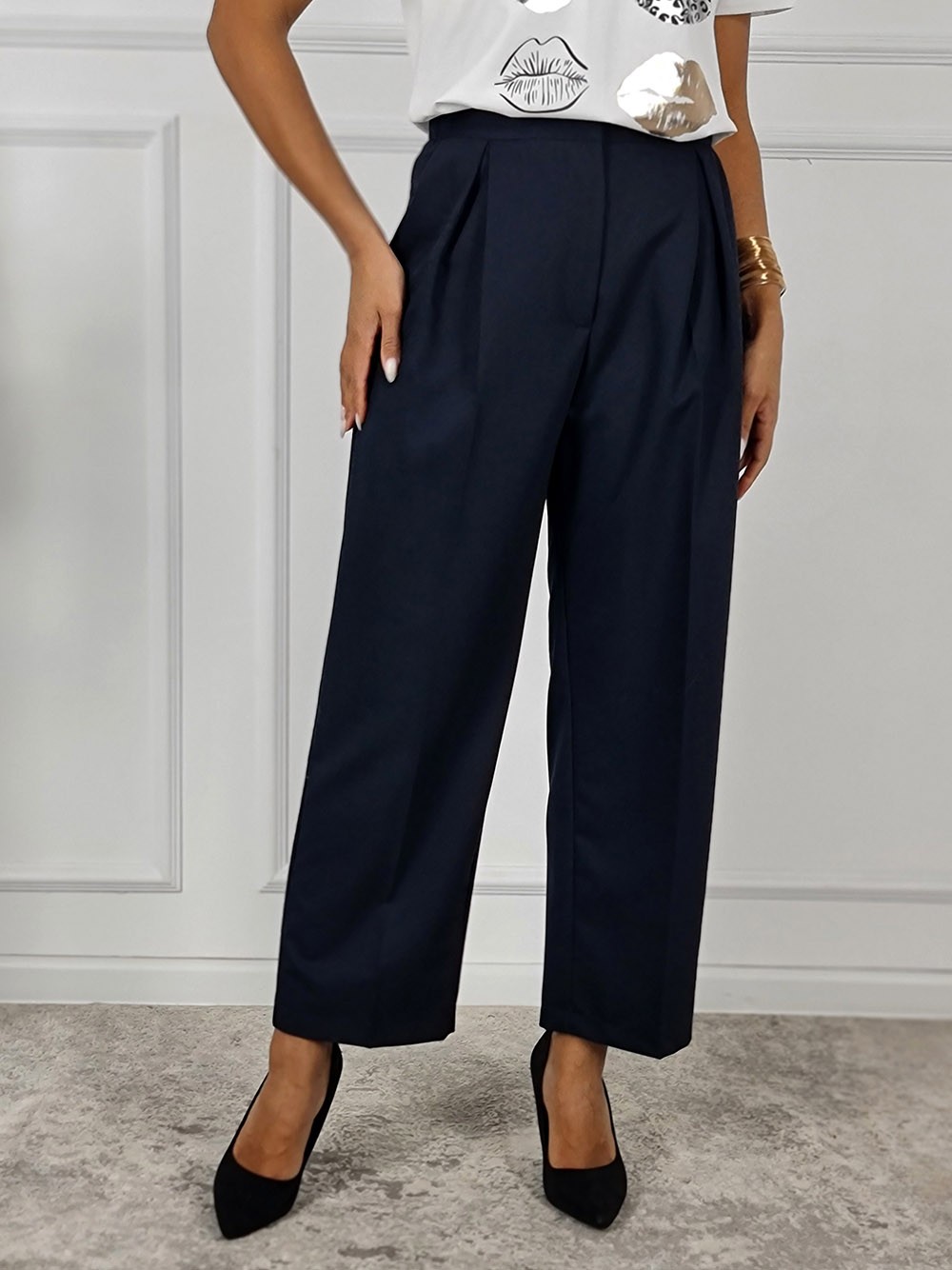 Брюки imperial с защипами на застежке резинка сзади темно-синие, фотография №1