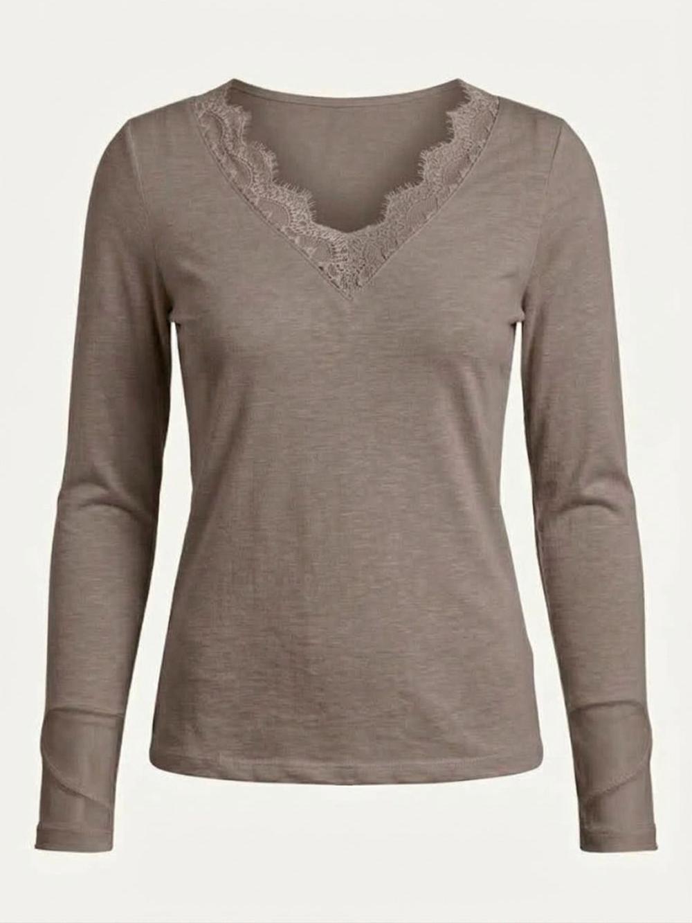 Лонгслив CLOTHÉ с V-образным вырезом и кружевной отделкой тауп, фотография №4