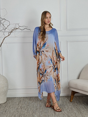 Платье Silk New свободное с принтом цветов голубое