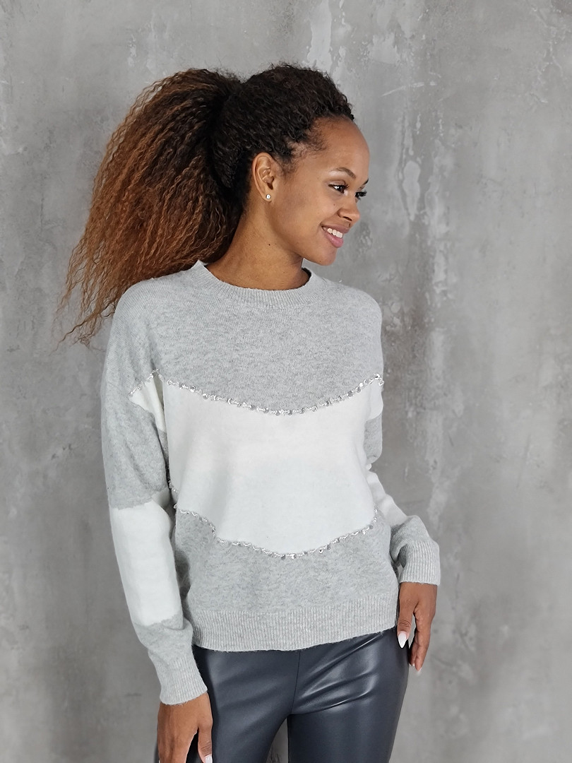  Джемпер J-Clair с белой полосой и пайетками серый, фотография №1