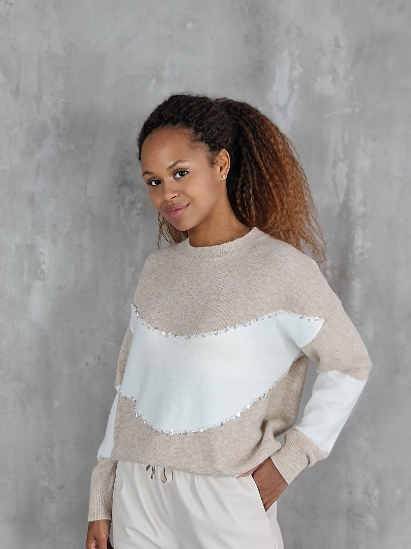  Джемпер J-Clair с белой полосой и паетками бежевый, фотография №1