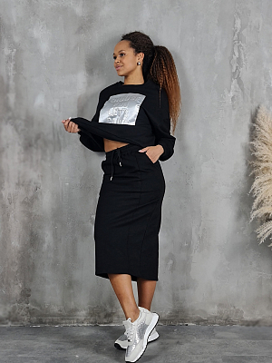 Костюм New j свитшот с надписями и юбка черный