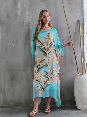 Платье Silk New свободное с принтом цветов бирюзовое