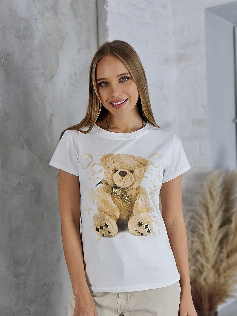 Футболка Glowy с принтом "Мишка и бежевый принт" белая, фотография №1