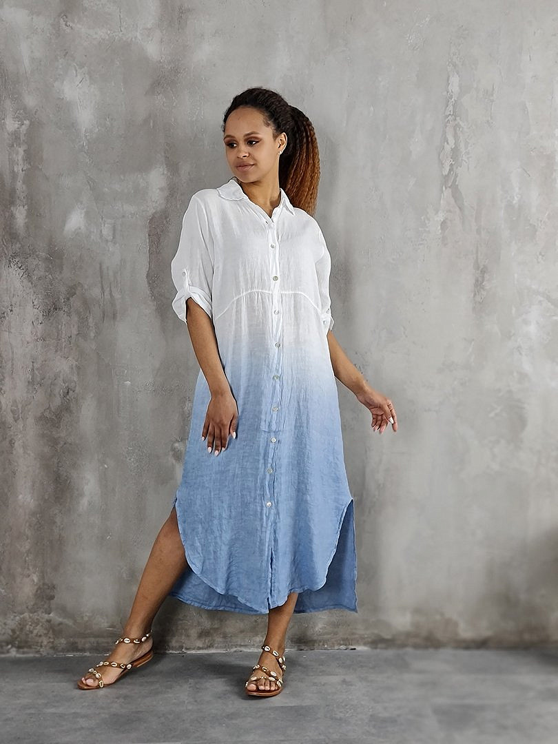 Платье-рубашка Pure Linen льняное с градиентом белое/синее, фотография №2