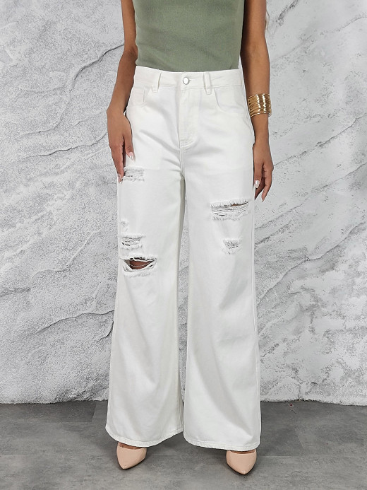 Джинсы Palazzo Pants с рваными вставками белые