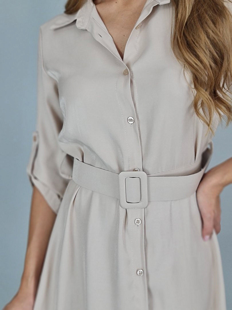 Платье Joleen длинное с поясом и рукавом на пуговице бежевое, фотография №4