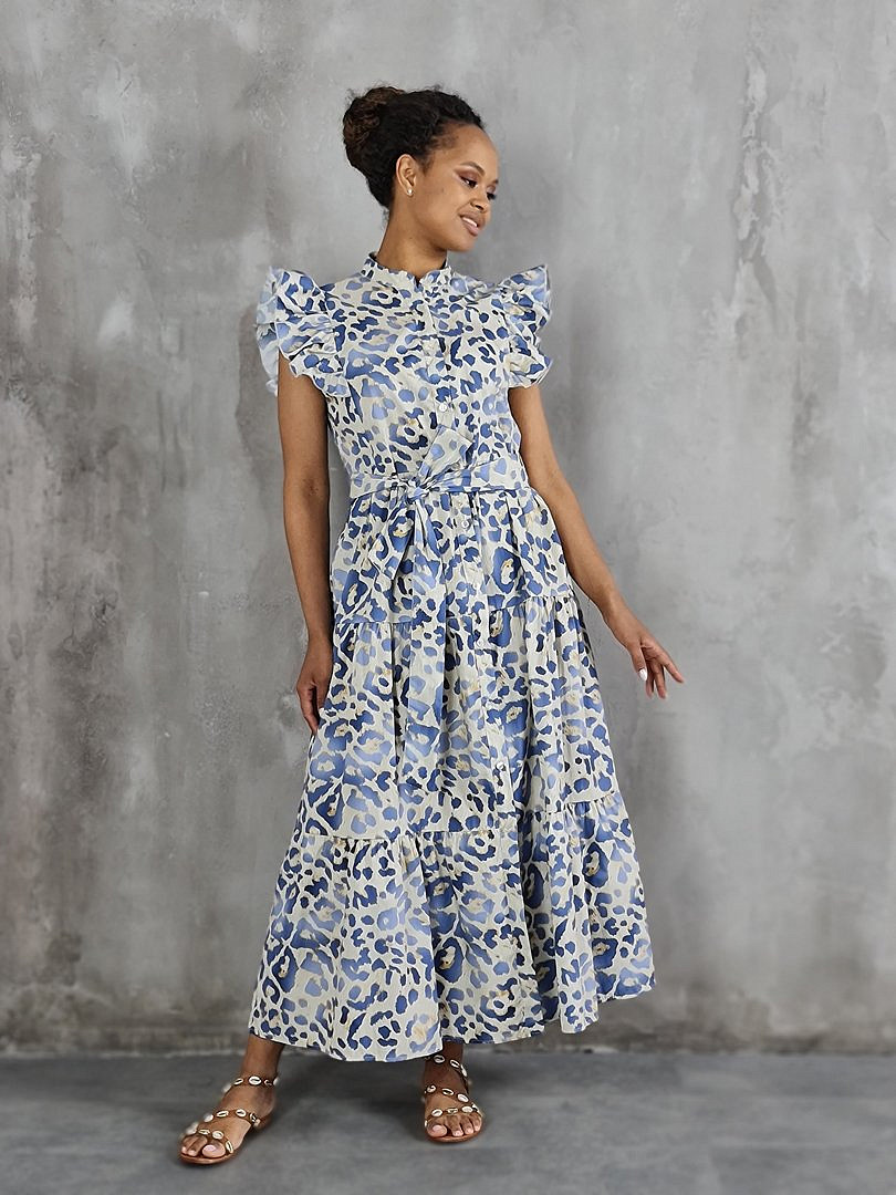 Платье MIHO'S с леопардовым принтом и поясом голубое , фотография №1