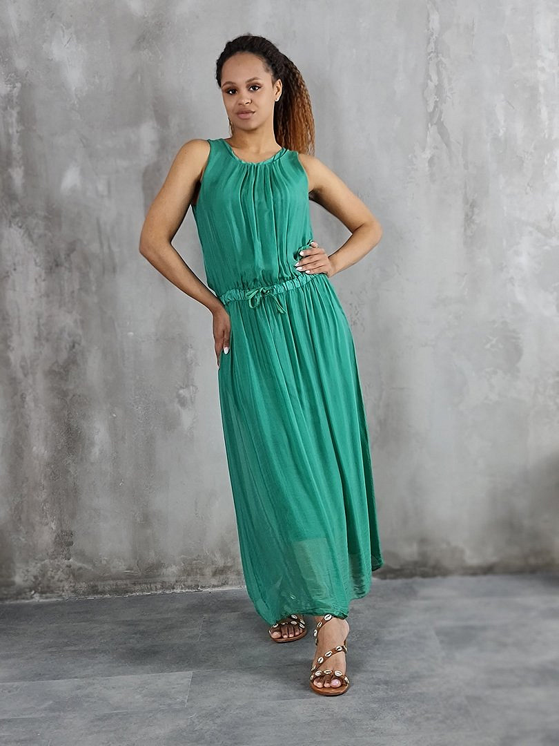 Платье Pure Seta без рукавов с завязками на поясе зелёное, фотография №2