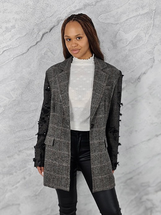 Пиджак CIVICO в клетку с вышивкой на рукавах мокко