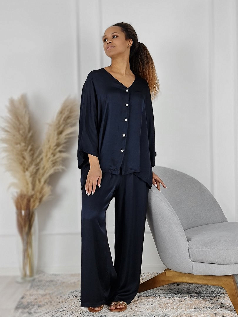 Костюм Zelante атласный рубашка и брюки тёмно-синий, фотография №4