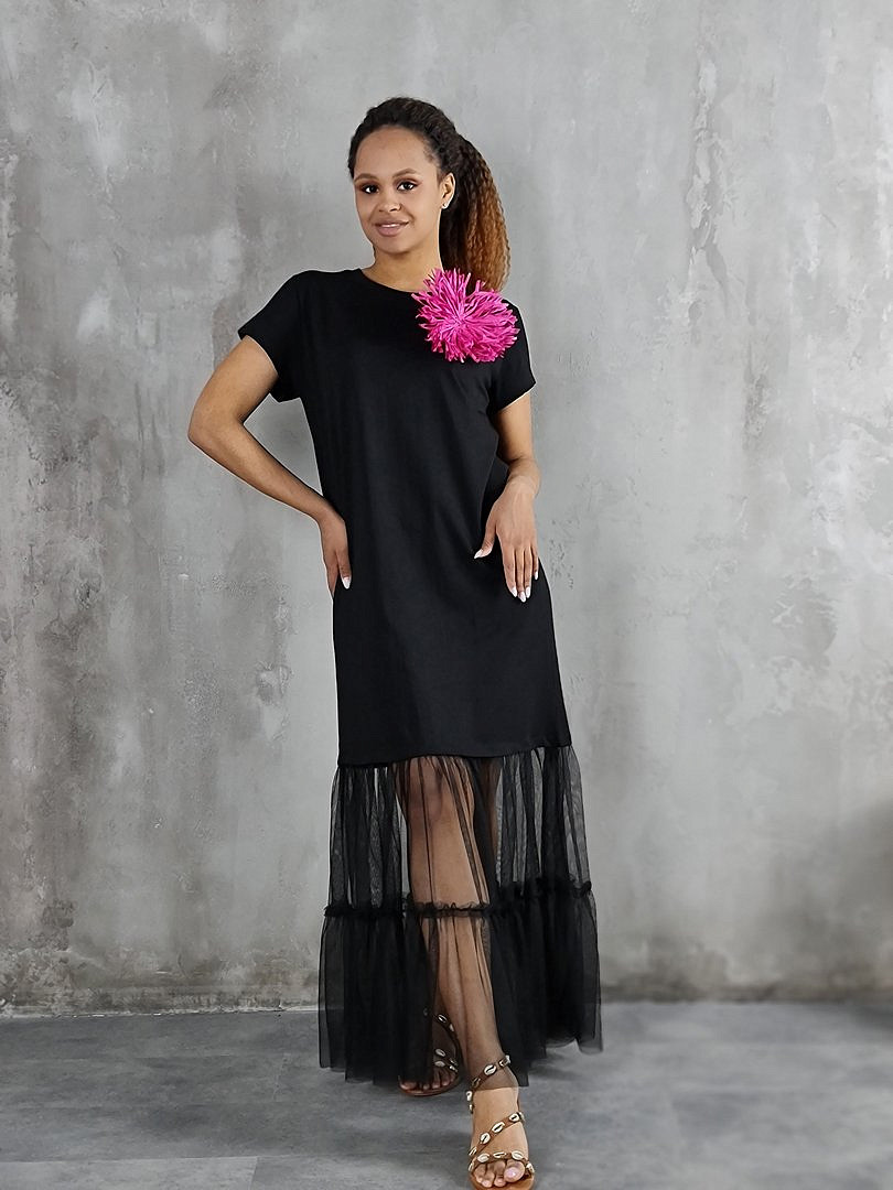 Платье Vicolo с сетчатым низом и брошью "Цветок" чёрное, фотография №3