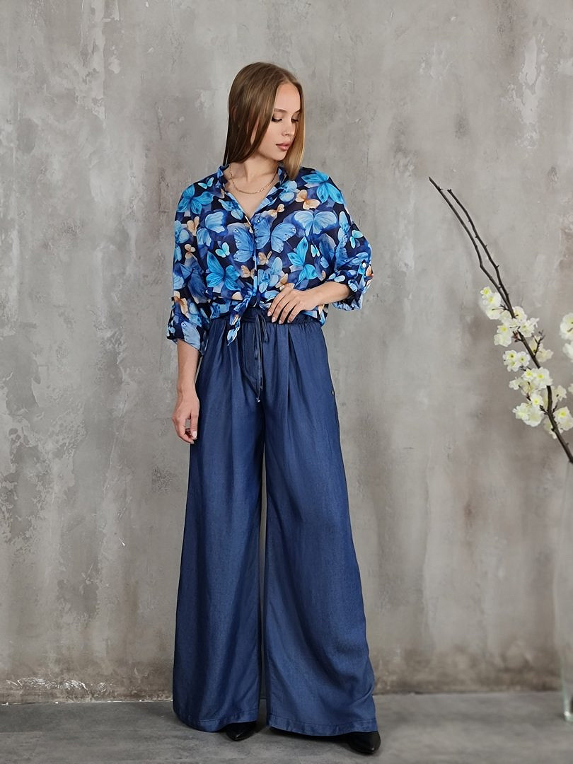 Брюки Please широкие с завязками с карманами синие, фотография №2