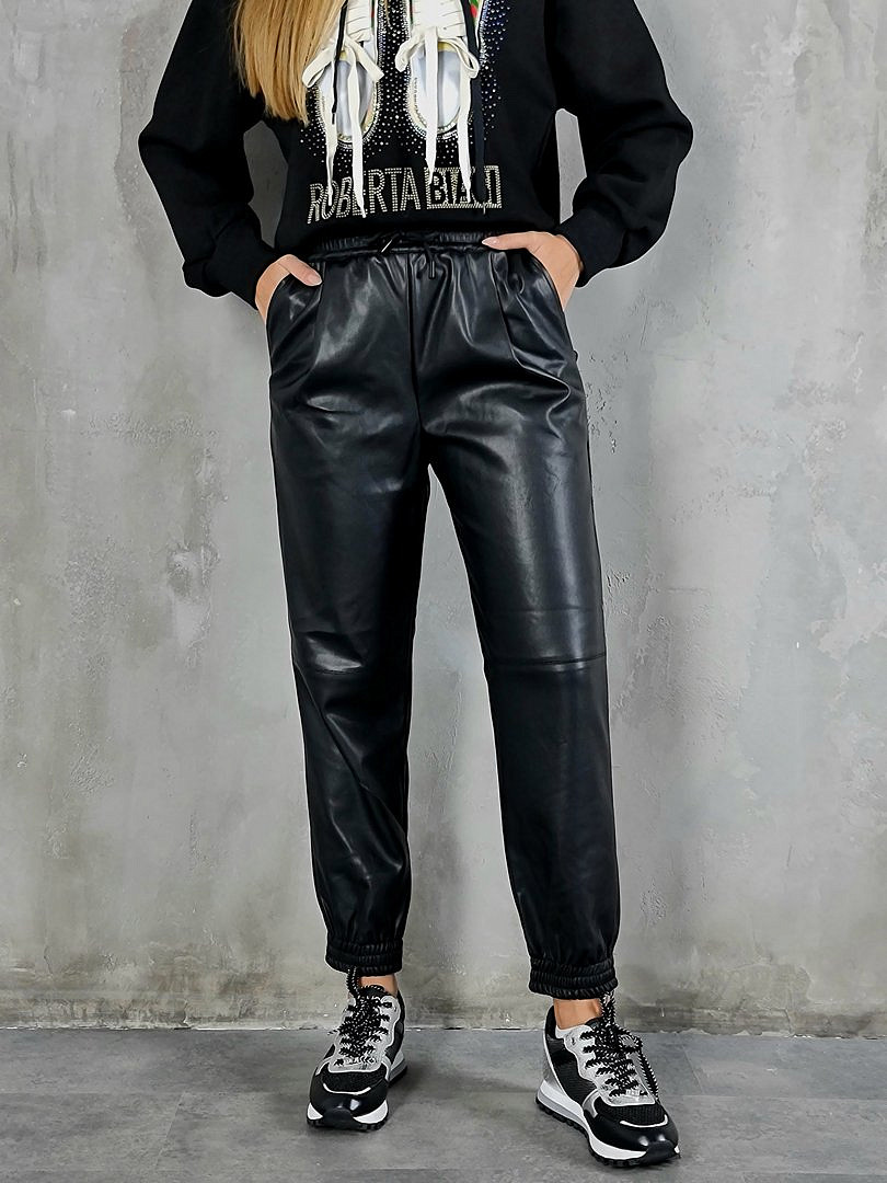 Брюки Lara джоггеры из экокожи с завязками чёрные, фотография №1