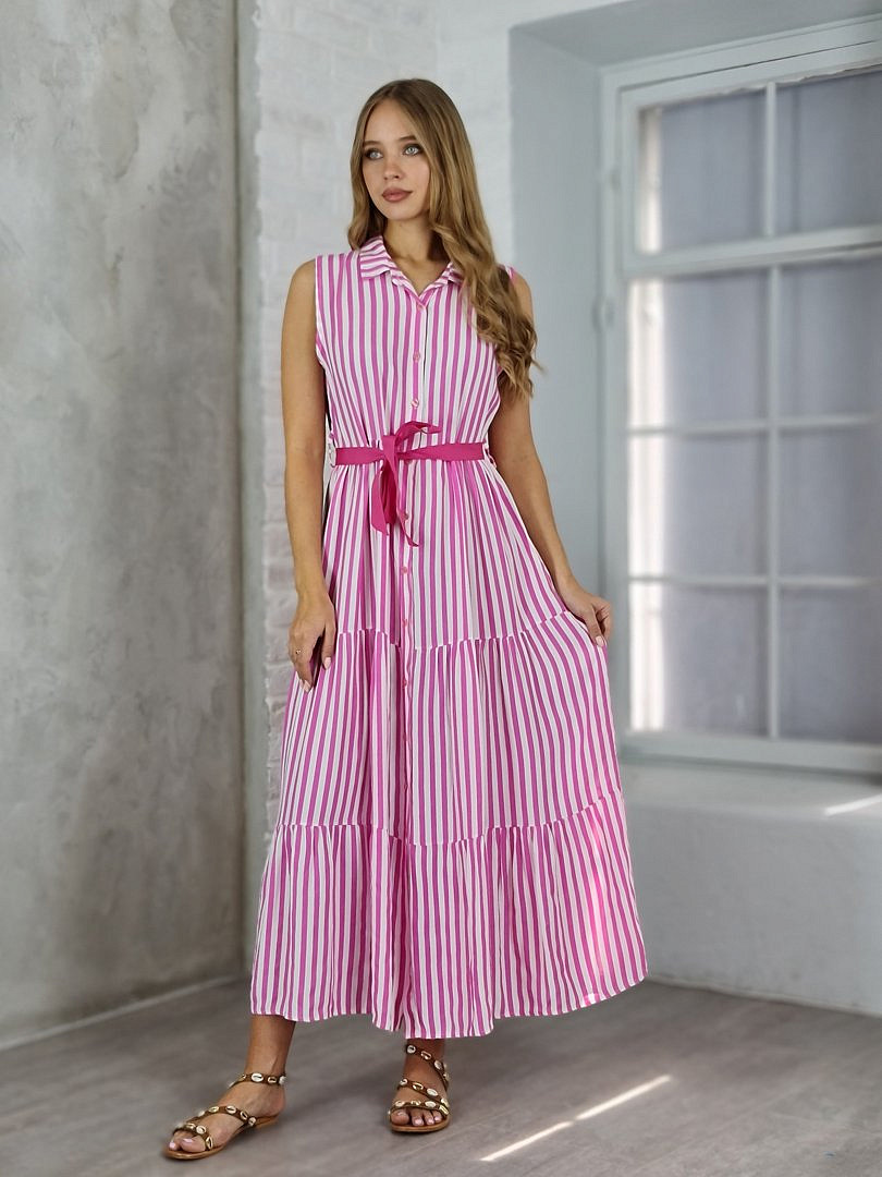 Платье Royal Belle в полоску с поясом-лентой фуксия, фотография №1