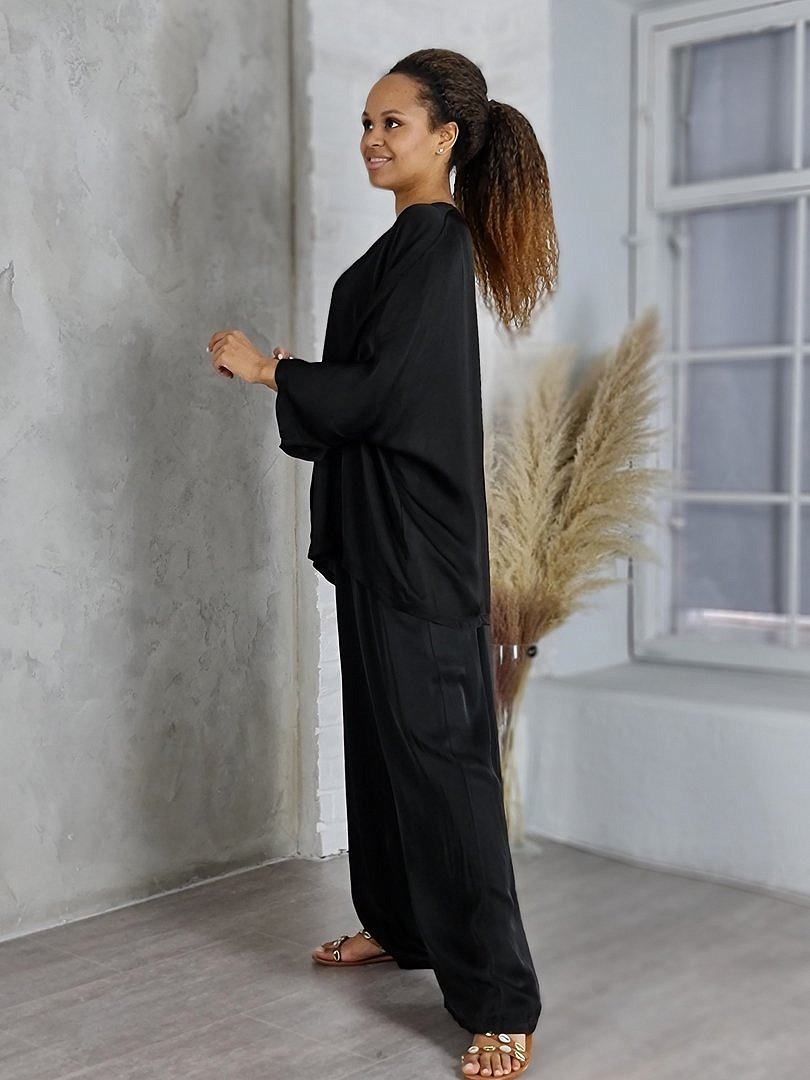 Костюм Zelante атласный рубашка и брюки чёрный, фотография №4