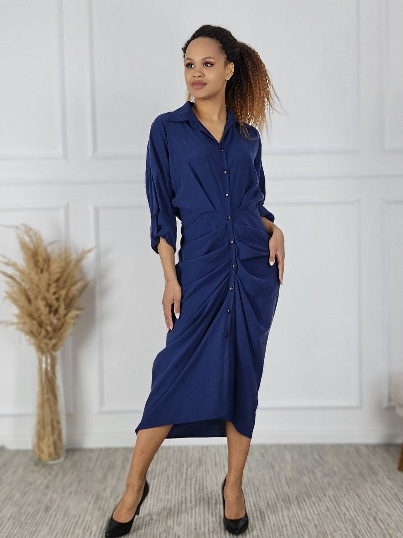 Платье CLOTHÉ на пуговицах с драпировками тёмно-синее, фотография №6