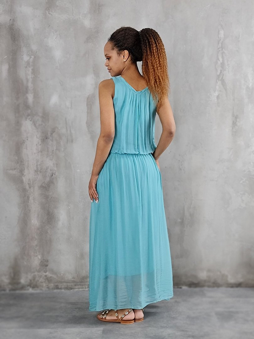 Платье Pure Seta без рукавов с завязками на поясе бирюзовое, фотография №2