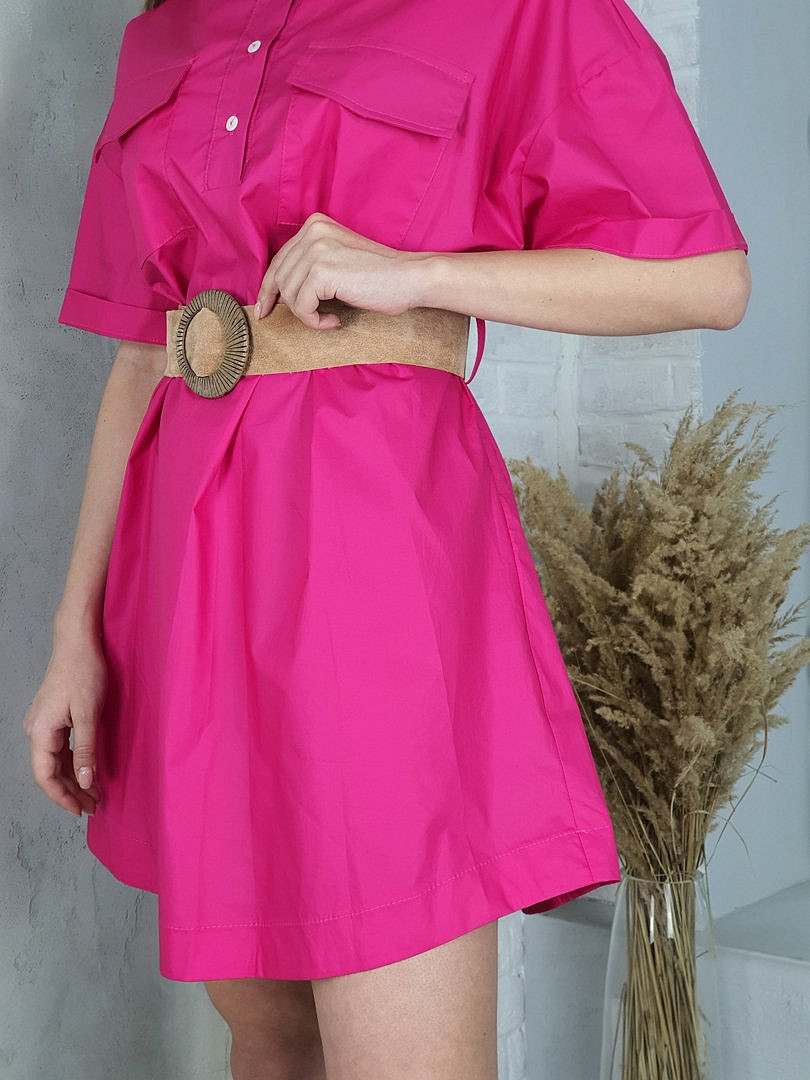 Платье-рубашка Maryley свободное с песочным поясом фуксия, фотография №2
