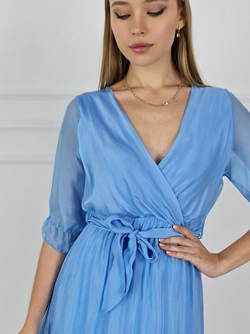Платье Pura Seta с V-образным вырезом и поясом голубое, фотография №3