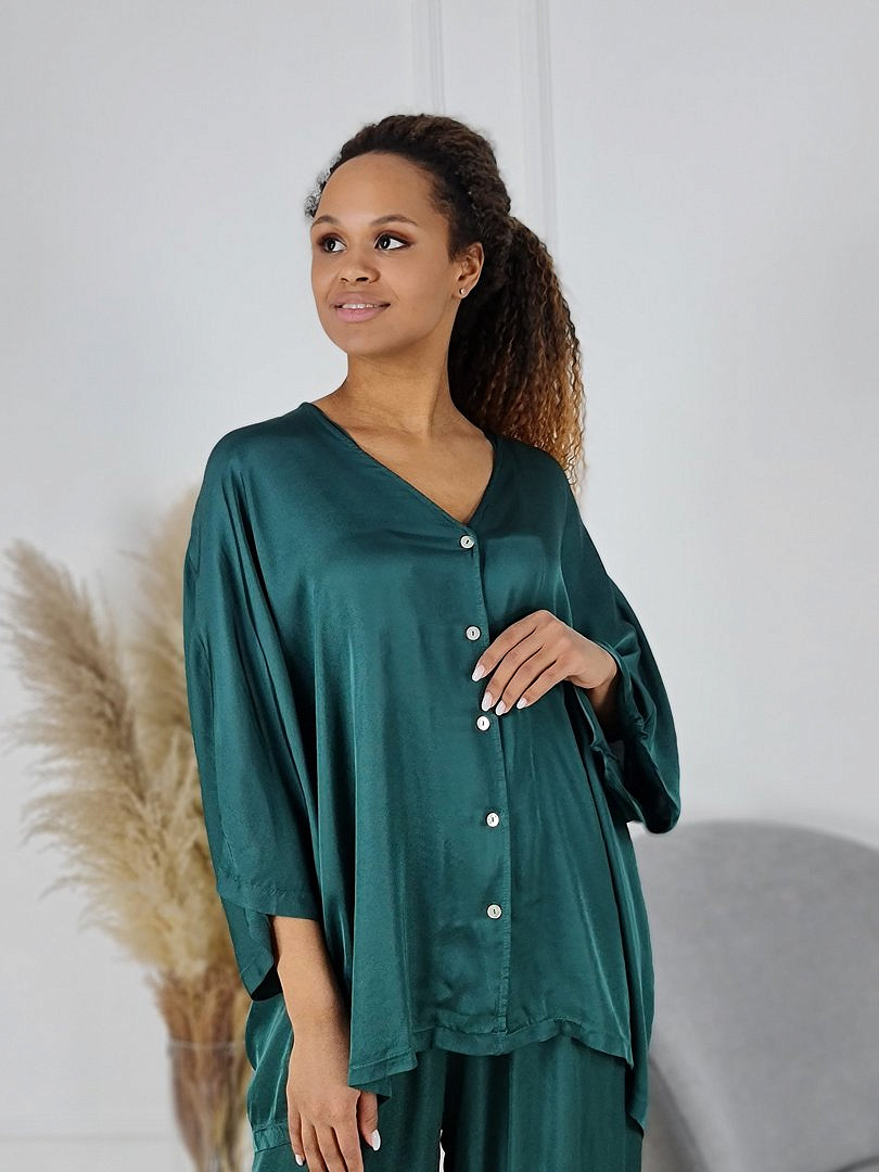 Костюм Zelante атласный рубашка и брюки тёмно-зелёный, фотография №6