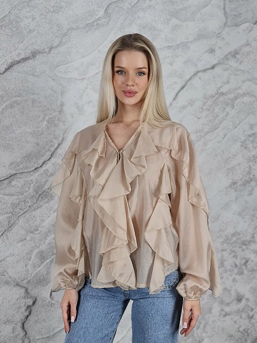 Блузка MINTH длинный рукав с рюшами бежевая