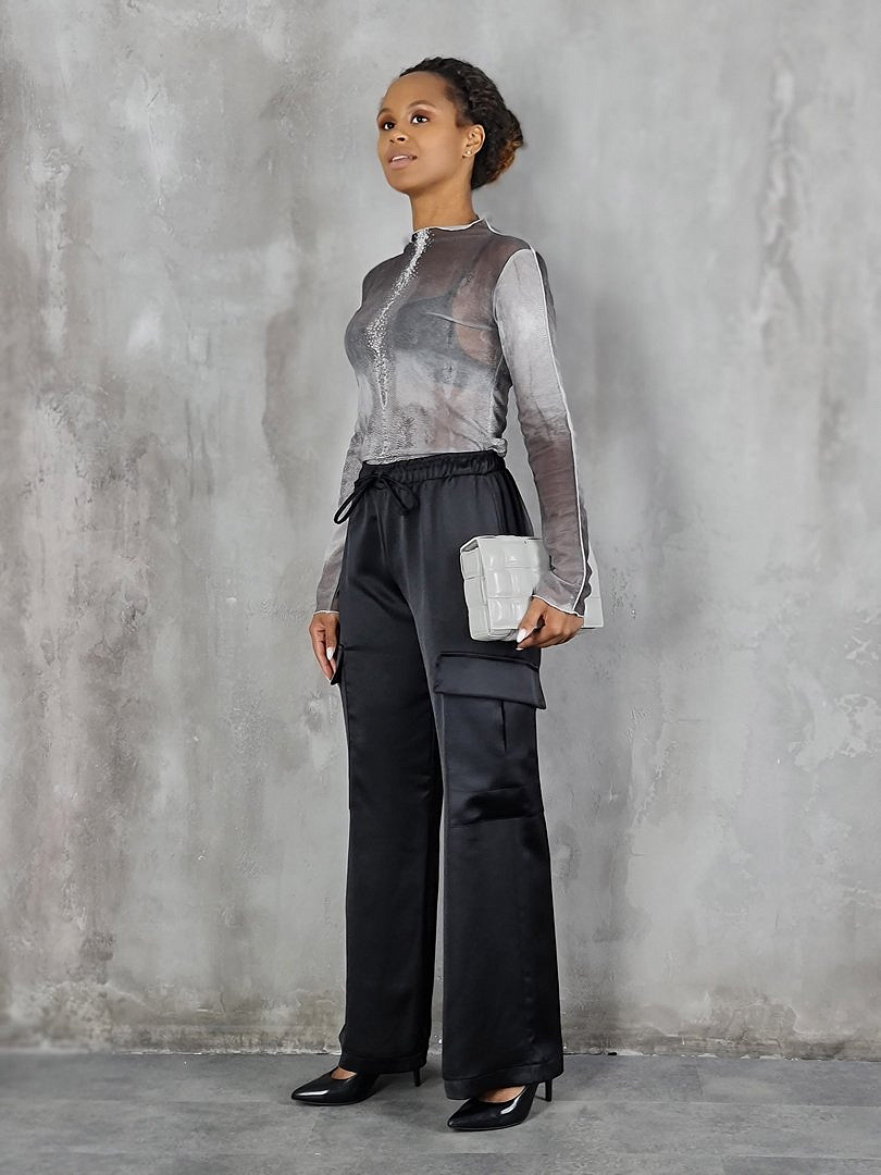 Брюки Imperial с карго-карманами и завязками атласные чёрные, фотография №2