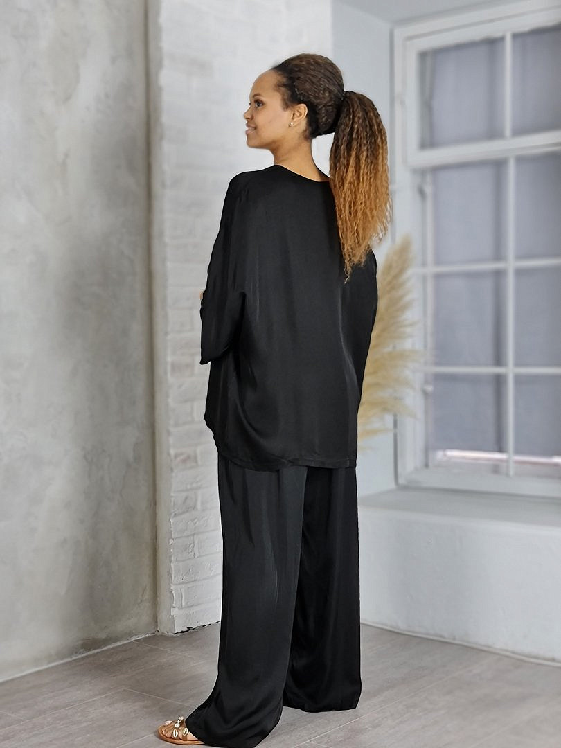 Костюм Zelante атласный рубашка и брюки чёрный, фотография №5