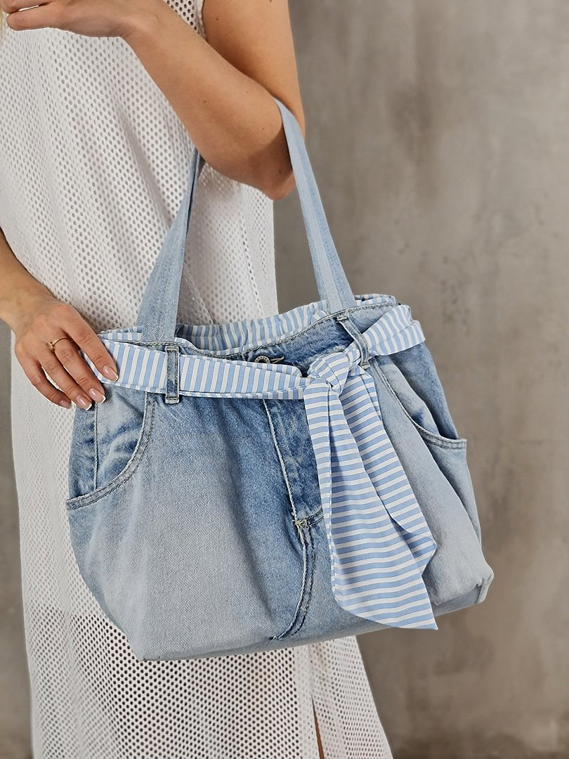Сумка Please джинсовая с подкладкой в полосочку светло-голубая, фотография №3