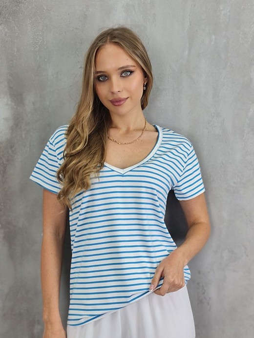 Футболка Vicolo с V-образным вырезом в полоску белая/ярко-голубая
